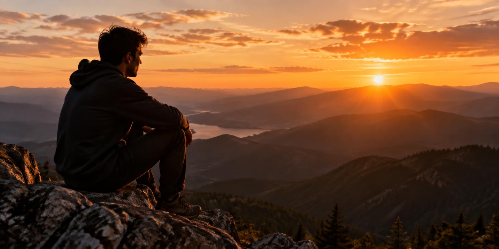 A person looking out over mountains at sunset
