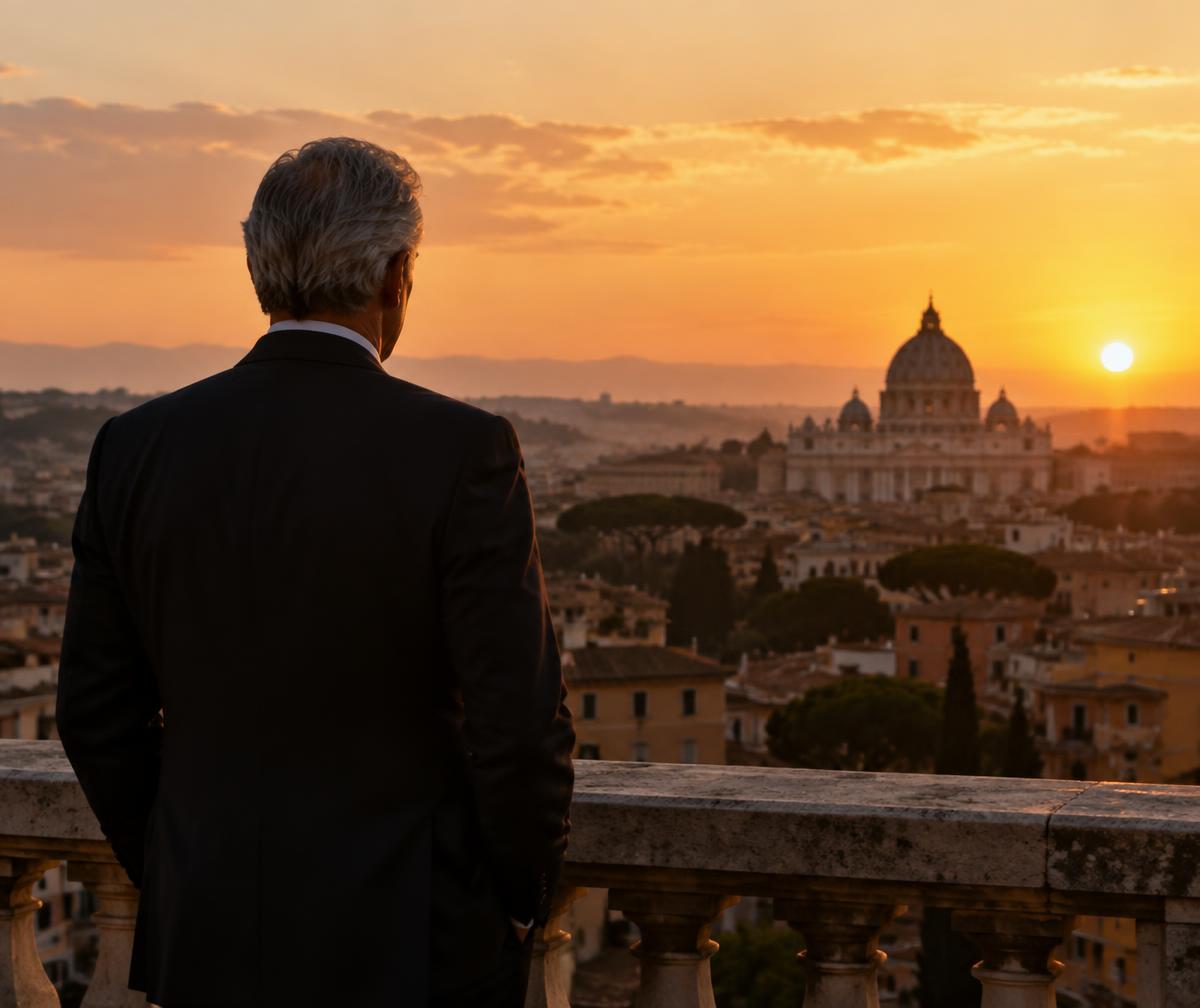 An established leader looking out over a city at sunset