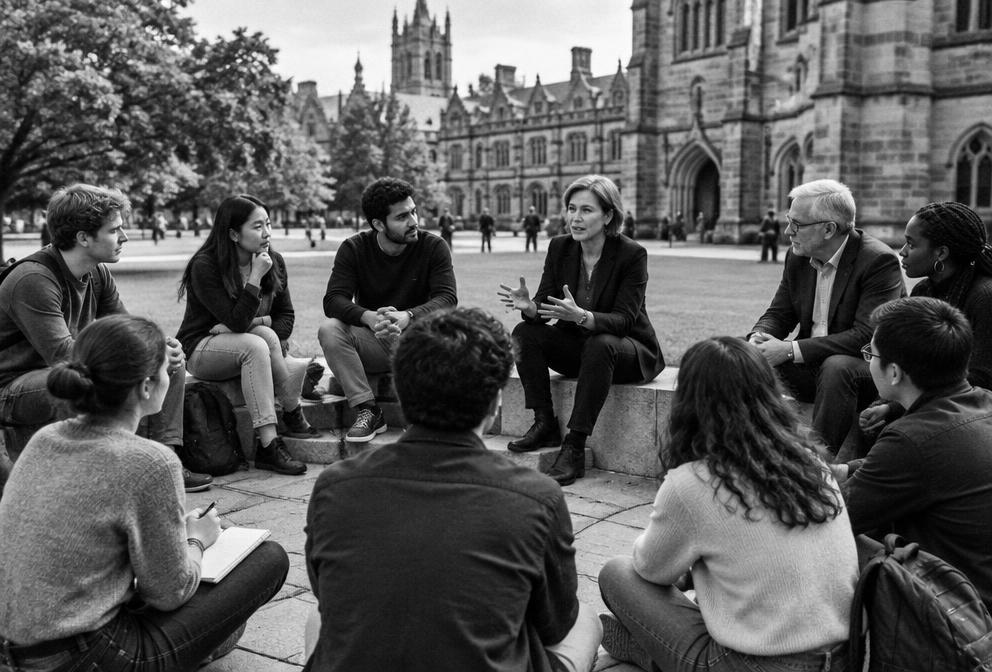 Illustrative image of a university community meeting outdoors