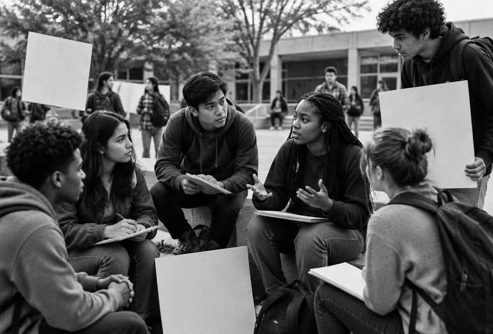 Illustrative image of students discussing concerns in a school courtyard