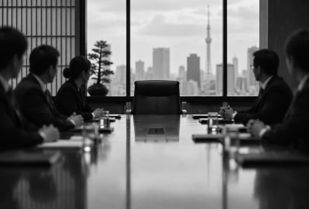 Illustrative image of an empty leadership chair in a corporate boardroom