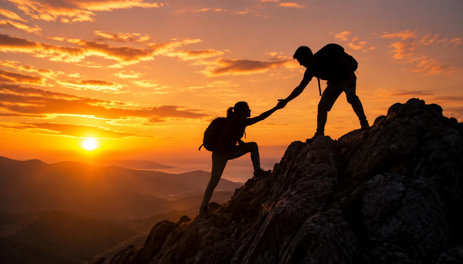One hiker helping another reach the summit at sunset